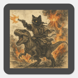 Samurai-Katze reitet auf Dinosaurier bei Vulkanaus Quadratischer Aufkleber