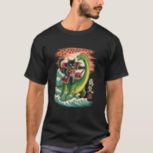 Samurai-Katze reitet auf Dinosaurier japanische Ku T-Shirt