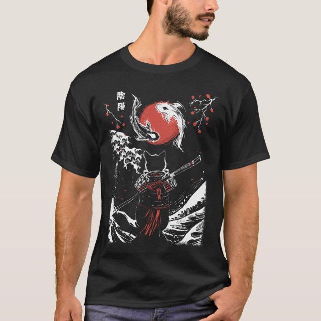 Samurai-Katze und Koi-Karpfen T-Shirt (Vorderseite)