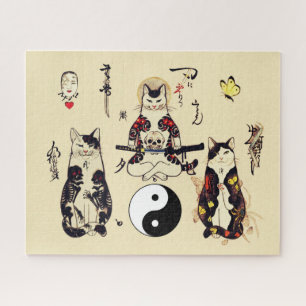 SAMURAI-KATZEN IN SKULL,SKELETON,BUTTERFLY-TATTOOS