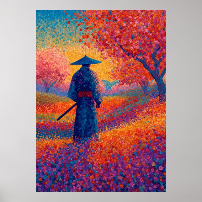 Samurai-Kirschblüten-Pointillismus-Kunst Poster (Vorne)