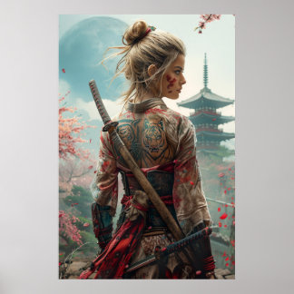 Samurai-Kriegerin mit Katana — japanische Kultur Poster