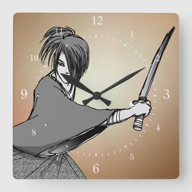 SAMURAI Manga Japan Quadratische Wanduhr (Vorderseite)