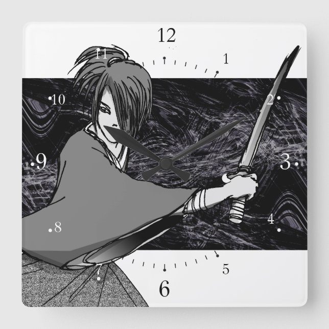 SAMURAI Manga Japan Quadratische Wanduhr (Vorderseite)