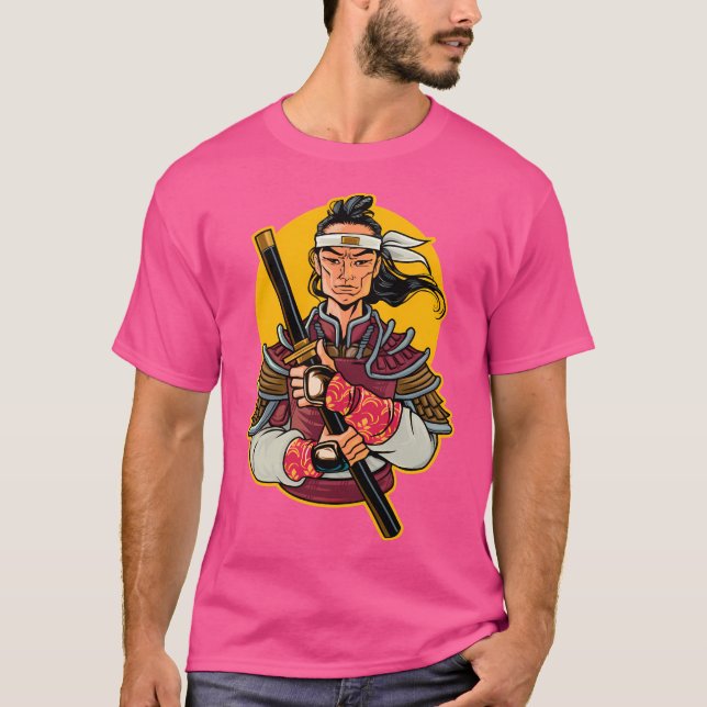 Samurai mit gelbem runden Hintergrund T-Shirt (Vorderseite)