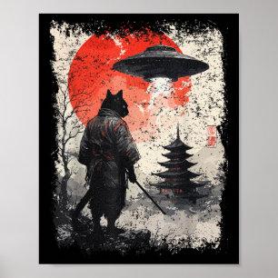 Samurai Ninja Katzen Krieger Sumi-e Ufo Ukiyo-e Sc Poster