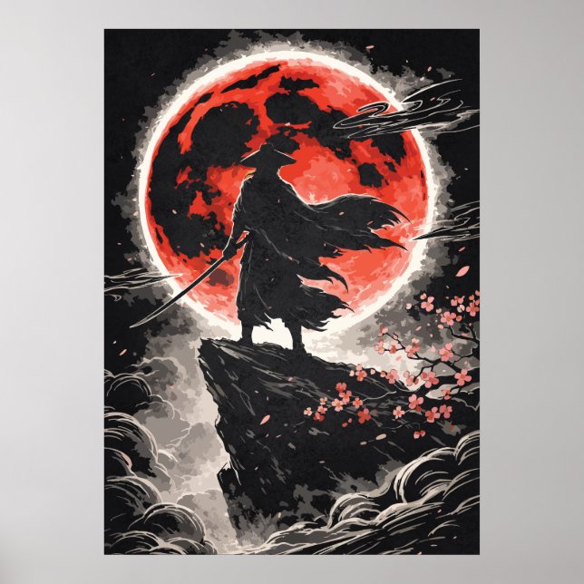 Samurai Ronin in Red Moon - Japanese Anime Art Poster (Vorne)