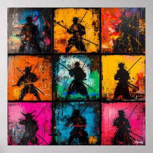 Samurai Silhouette Art Grid Bold Graffiti Style Poster