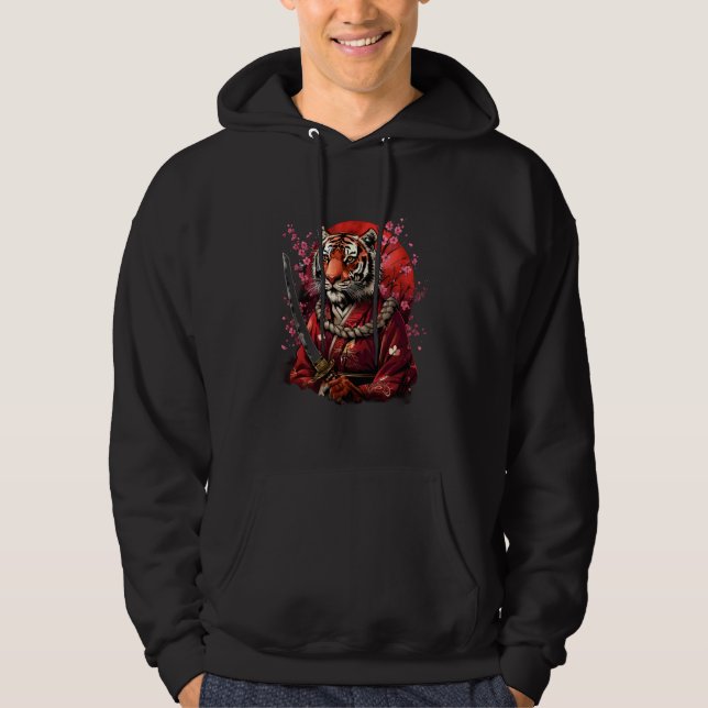 Samurai Tiger Anime Artwork Sakura Tree Japanese N Hoodie (Vorderseite)