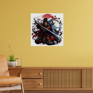 Samurai und White Wolf Tasse Japanischer Krieger Poster