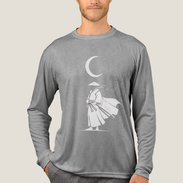 Samurai Under the Crescent Moon – Minimalist Japan Tri-Blend Shirt (Vorderseite)