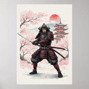 Samurai unter Kirschblüten-Sonnenuntergang Poster