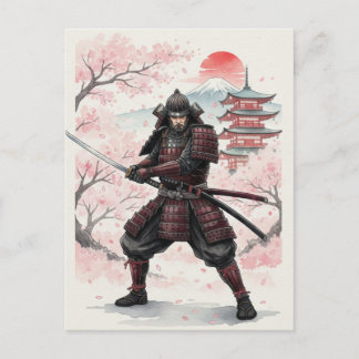 Samurai unter Kirschblüten-Sonnenuntergang Postkarte