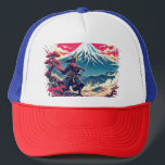Samurai Warrior at Mount Fuji Japanese Art  Truckerkappe<br><div class="desc">A striking Japanese-inspired design featuring a lone samurai warrior standing before Mount Fuji at sunset. This t-shirt blends traditional samurai spirit with beautiful scenic Japanese landscapes. Perfect for fans of samurai,  Japan,  manga aesthetics,  and minimalist ink illustrations. Makes a unique gift for lovers of Japanese culture and art.</div>