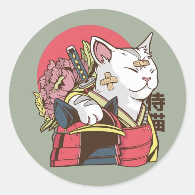 Samurai Warrior Cat Runder Aufkleber (Vorderseite)
