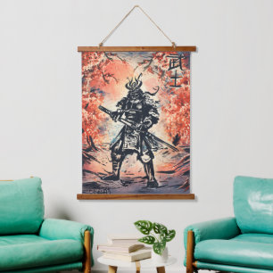 Samurai Warrior; Traditionelle japanische Kunst Wandteppich Mit Holzrahmen