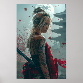 Samurai woman warrior with katana — Japanese cultu Poster