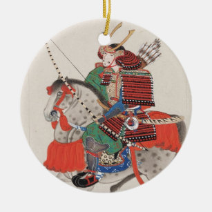 Samurais zu Pferd, die Rüstung u. gehörnten Keramik Ornament