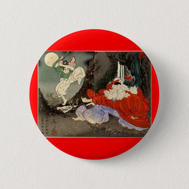 Samuraitraining mit Tengu, circa 1800's Button (Vorderseite)