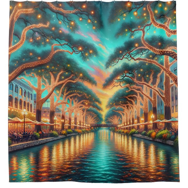 "San Antonio Riverwalk: Twilight Ambiance" Duschvorhang (Vorderseite)