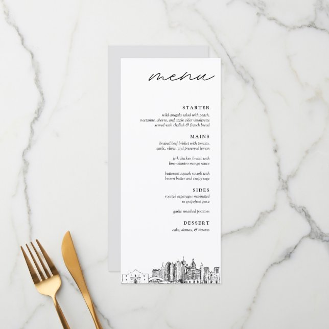 San Antonio Skyline Modern Wedding Dinner Menu Menükarte (Vorderseite/Rückseite Beispiel)