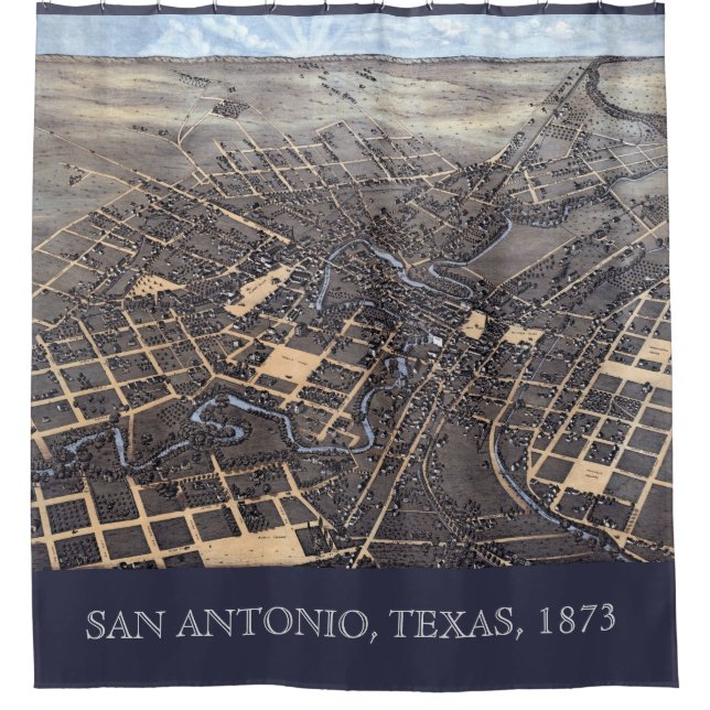 San Antonio, Texas, Antike Luftkarte, 1873 Duschvorhang (Vorderseite)