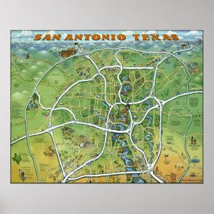 San Antonio Texas Cartoon Karte Poster