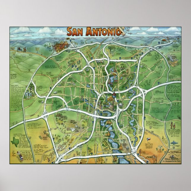 San Antonio Texas Cartoon Karte Poster (Vorne)