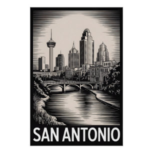 San Antonio Texas Skyline Schwarz Weiß Holzschnitt Poster