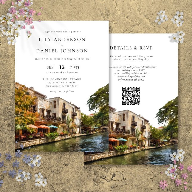San Antonio Watercolor QR Code Wedding Einladung (San Antonio Watercolor QR Code Wedding Invitation)