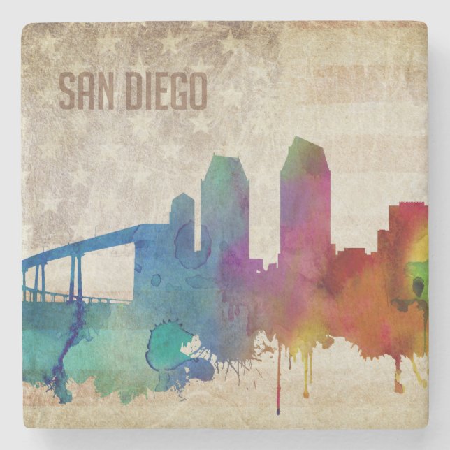 San Diego, Aquarell-Stadt-Skyline CAs | Steinuntersetzer (Vorderseite)