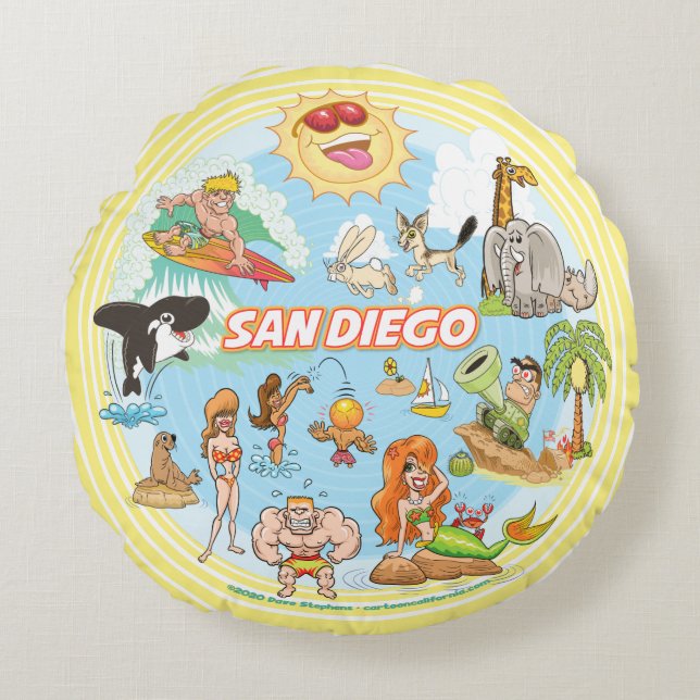 San Diego Beach Life Rundes Kissen (Vorderseite)