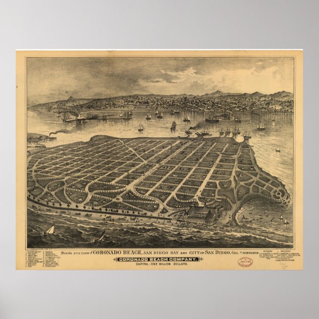 San Diego CA Birds Eye Panorama Karte 1880 Poster (Vorne)