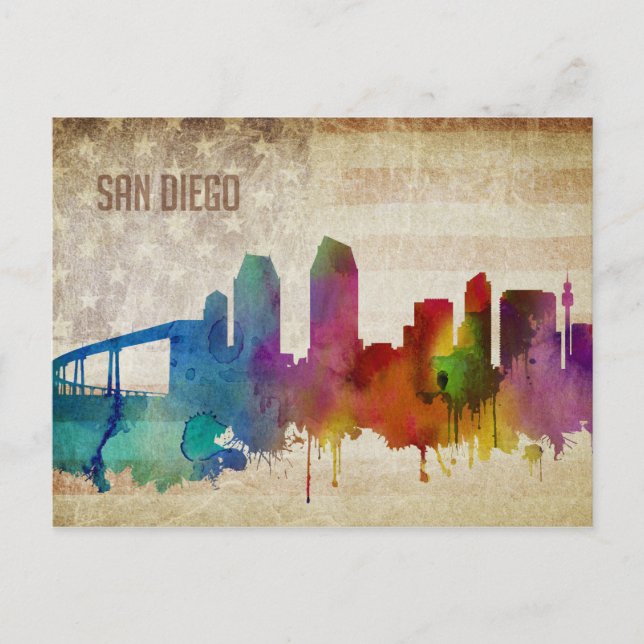 San Diego, CA | Wasserfarbe Stadt Skyline Postkarte (Vorderseite)