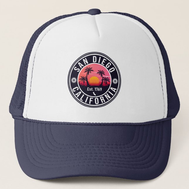 San Diego California Retro Sunset Souvenirs 80er Truckerkappe (Vorderseite)