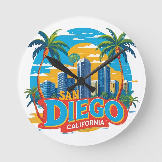 San Diego California Skyline–Modern Cityscape Art Runde Wanduhr (Vorderseite)