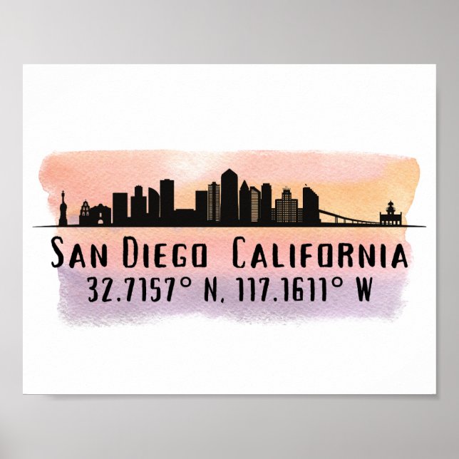 San Diego City Skyline Latitude und Längengrad Poster (Vorne)