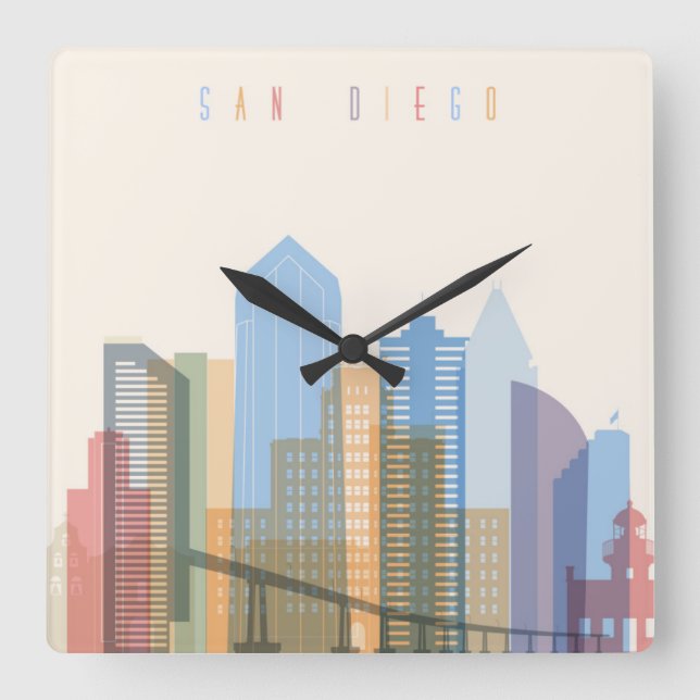 San Diego City Skyline Quadratische Wanduhr (Vorderseite)