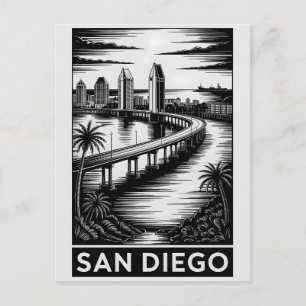 San Diego Kalifornien Schwarz Weiß Holzschnitt Postkarte