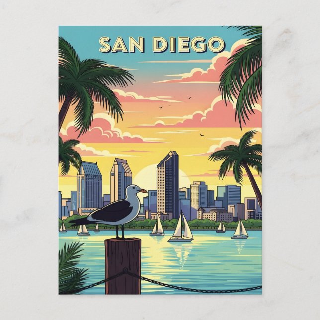 San Diego, kalifornische Skyline mit Möwe Postkarte (Vorderseite)