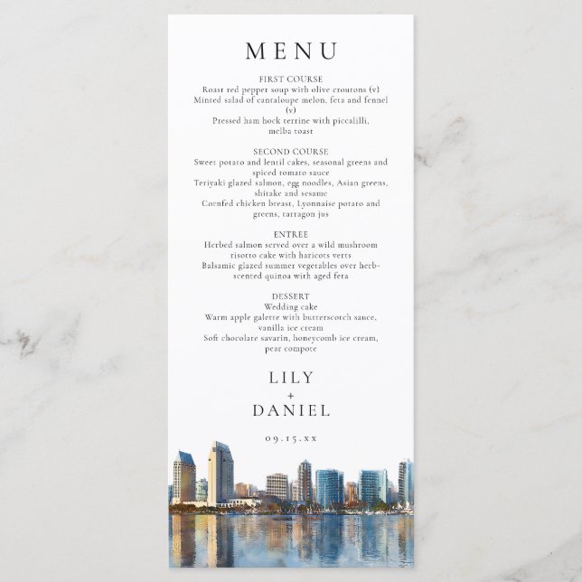 San Diego Skyline Watercolor Destination Wedding Menükarte (Vorderseite)