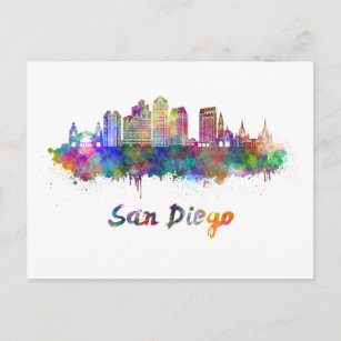 San Diego V2 Skyline in Aquarellfarbe Postkarte