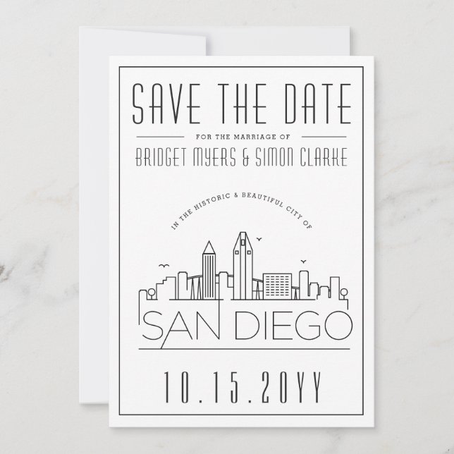 San Diego Wedding | Stilisierte Skyline Save the D Einladung (Vorderseite)