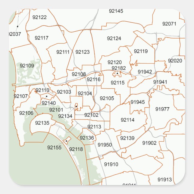 San Diego Zip Code Karte Quadratischer Aufkleber (Vorderseite)