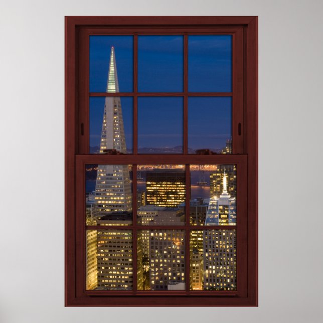San Fran Skyline bei Night Imitats Cherry Wood Win Poster (Vorne)