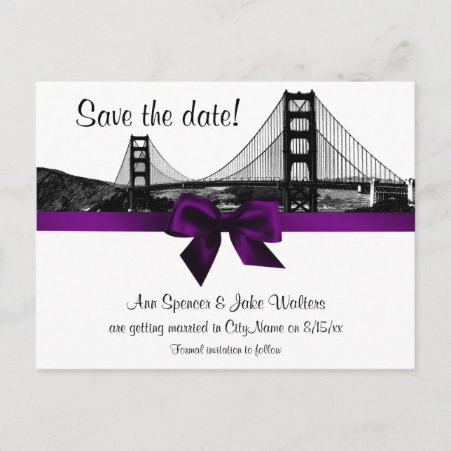 San Fran Skyline Etched BW Save the Date Lila Ankündigungspostkarte (Vorderseite)