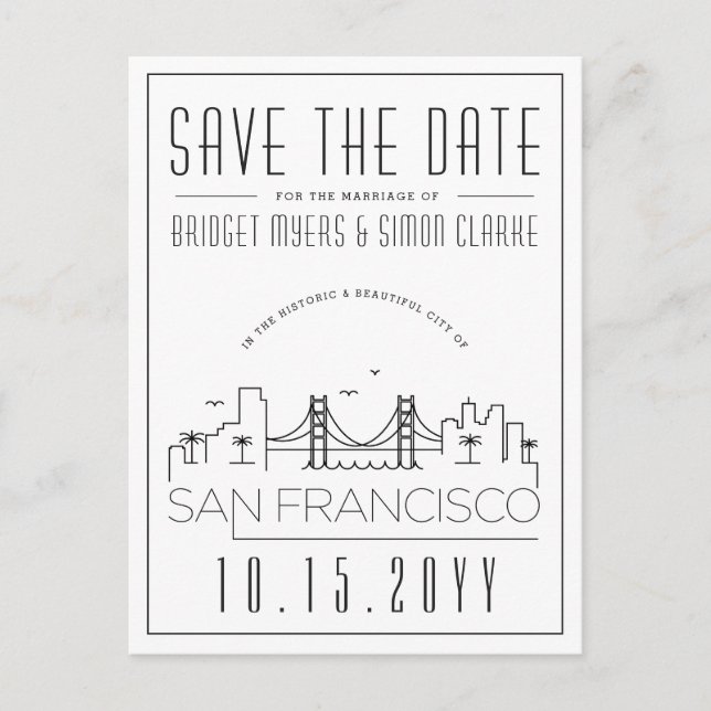 San Fran Wedding | Stilisierte Skyline Save the Da Postkarte (Vorderseite)