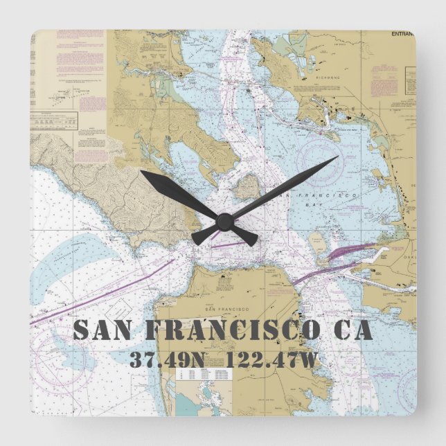 San Francisco CA Latitude Longitude Nautical Chart Quadratische Wanduhr (Vorderseite)