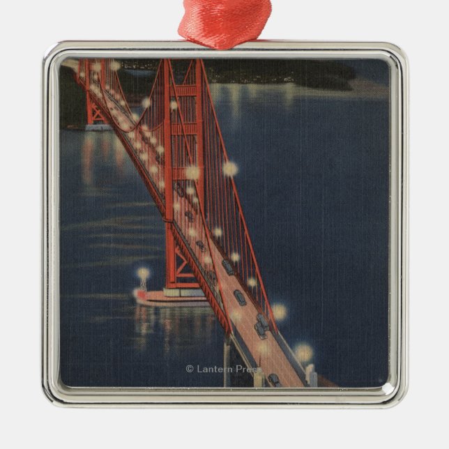 San Francisco, CA - Nachtansicht des Golden Gate Silbernes Ornament (Vorne)
