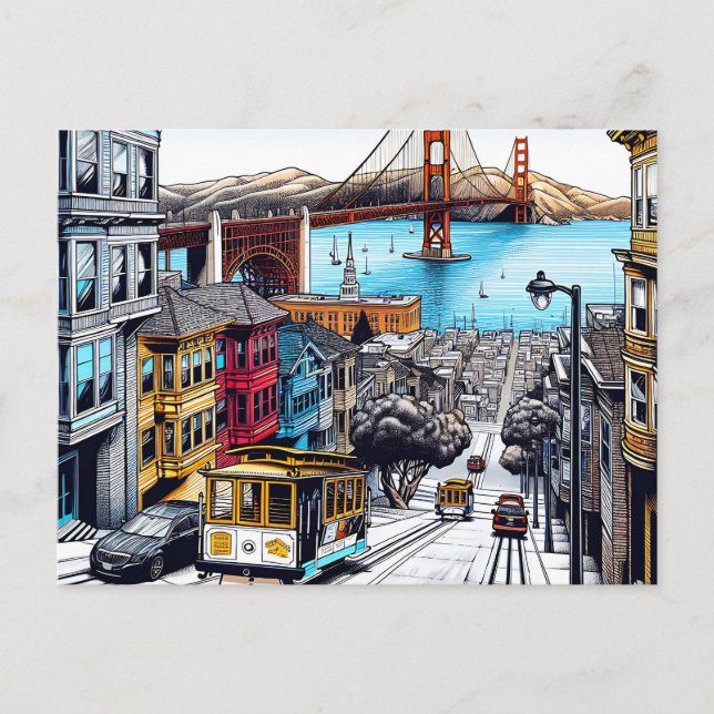 San Francisco, California Comic Book Style Art Postkarte (Vorderseite)
